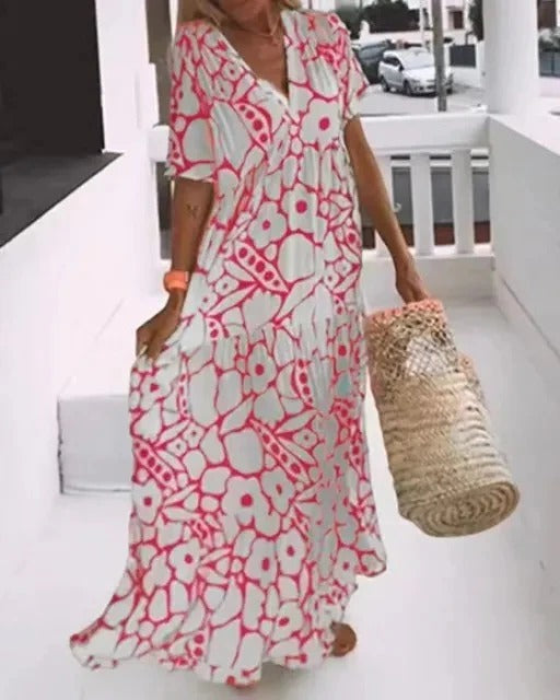 Women's printed long dress short sleeves relaxed fit flowing silhouette all-over pattern