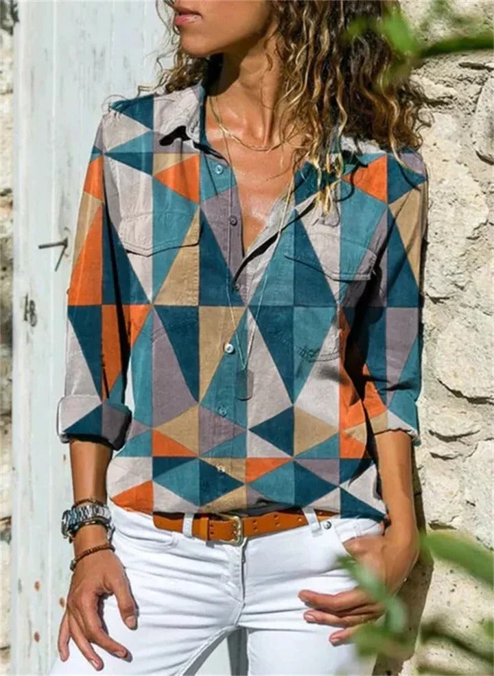 Women's straight-fit long sleeve blouse in neutral tone, elegant everyday style with effortless movement