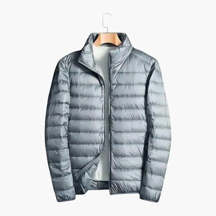 Men's slim-fit lightweight black puffer jacket with water-repellent finish for urban outdoor wear
