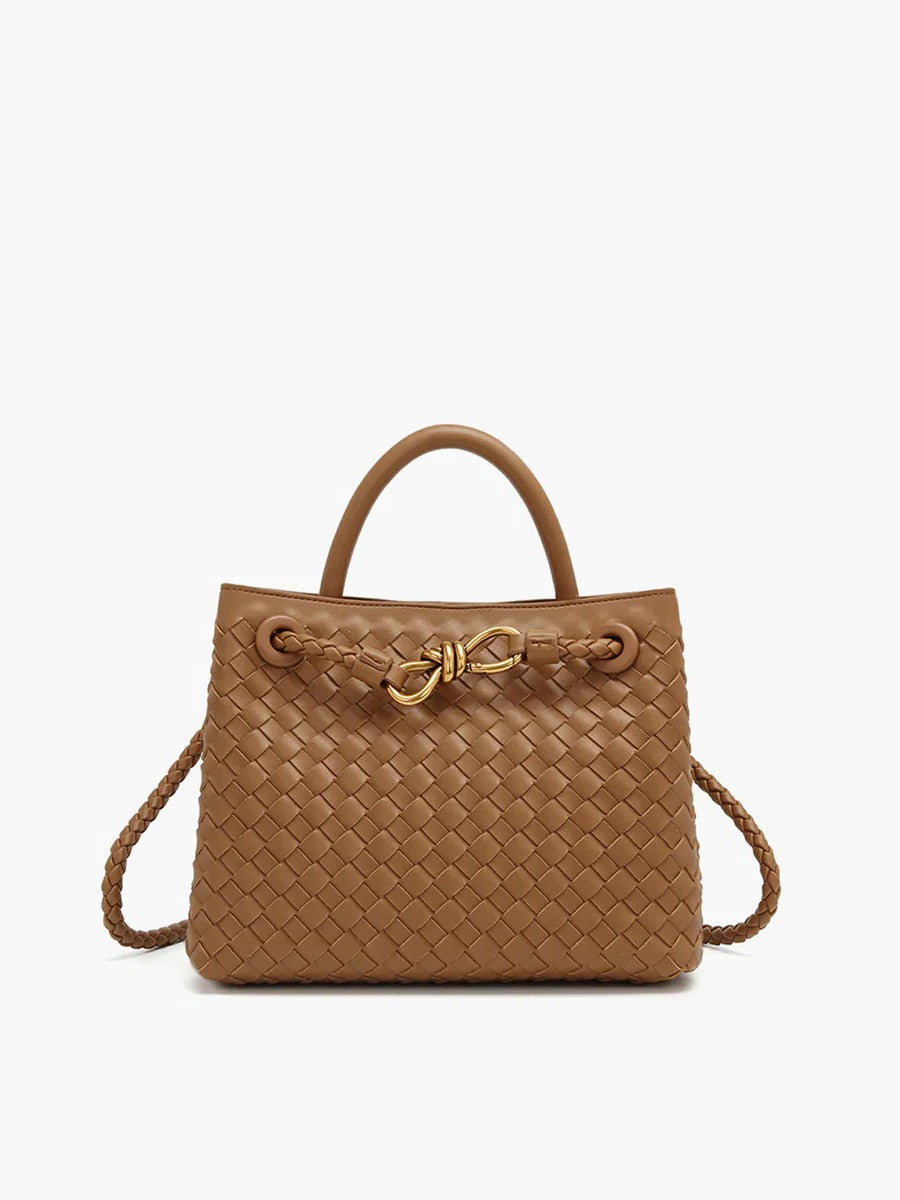 Black structured woven tote bag with gold knot accent and dual carry straps for work and school
