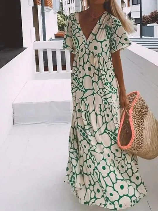 Women's printed long dress short sleeves relaxed fit flowing silhouette all-over pattern