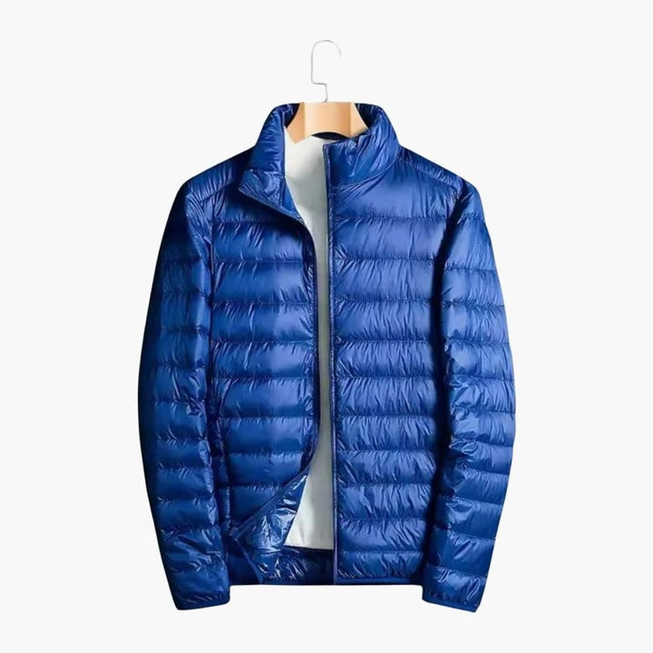 Men's slim-fit ultra-lightweight black puffer jacket with water-repellent finish for urban wear