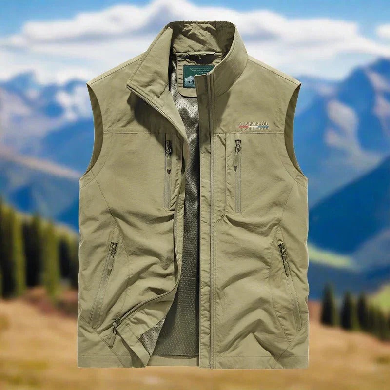 Men's lightweight windproof zip vest with multiple pockets, sleeveless outdoor hiking style