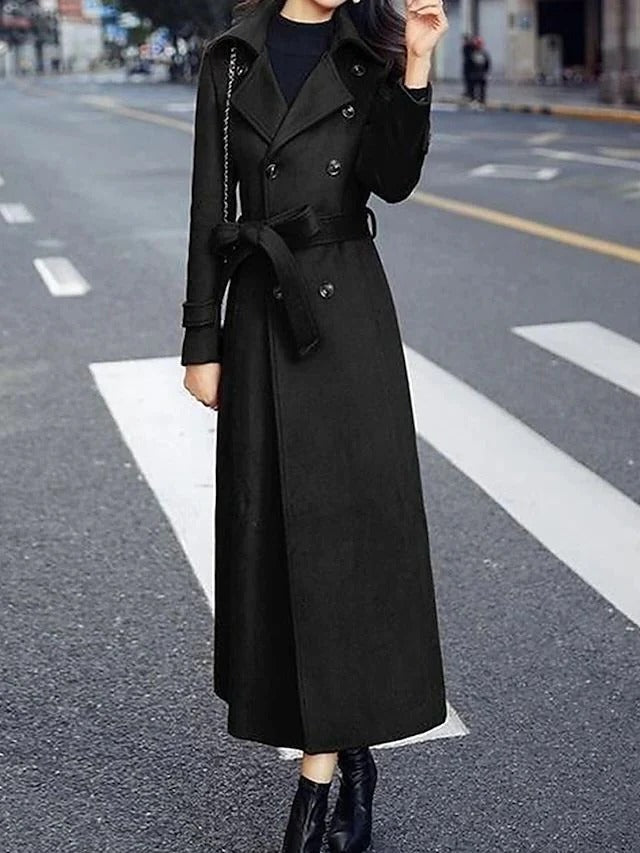 Women's long winter coat notched lapel self-tie belt structured silhouette cold weather warmth
