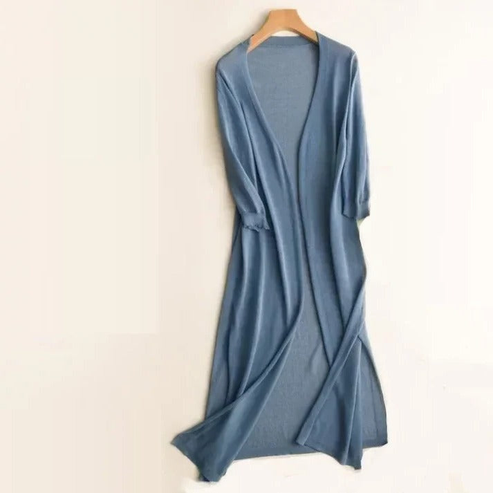 Women's elegant long cardigan neutral tone timeless open-front layering piece for work and weekend