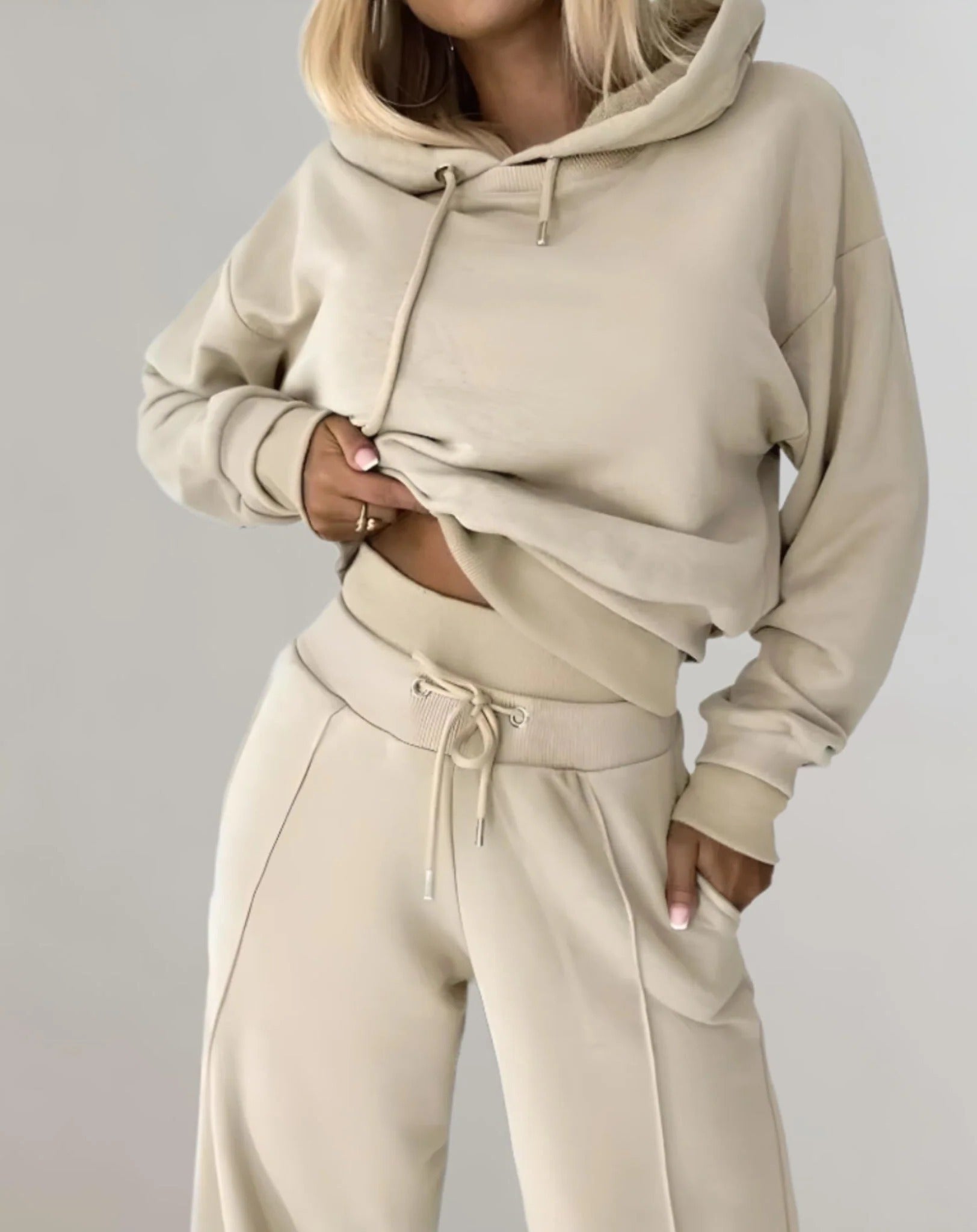 Women's two-tone cropped hoodie jogger set adjustable waist athleisure matching loungewear