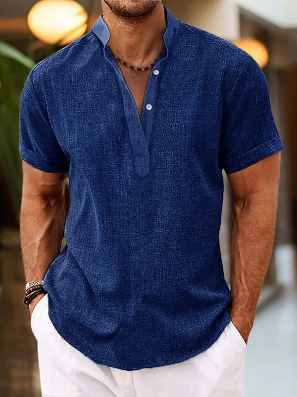 Men's short sleeve Henley shirt relaxed fit with Mandarin collar button placket versatile casual wear