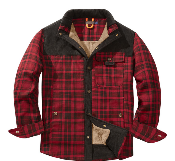 Men's lumberjack jacket red plaid rugged fit weather-resistant outdoor coat with classic flannel style