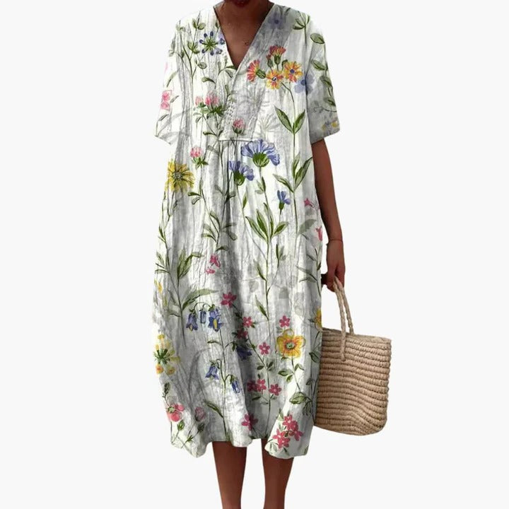 Floral print women's summer dress, relaxed loose fit, breathable mid-length silhouette for everyday chic