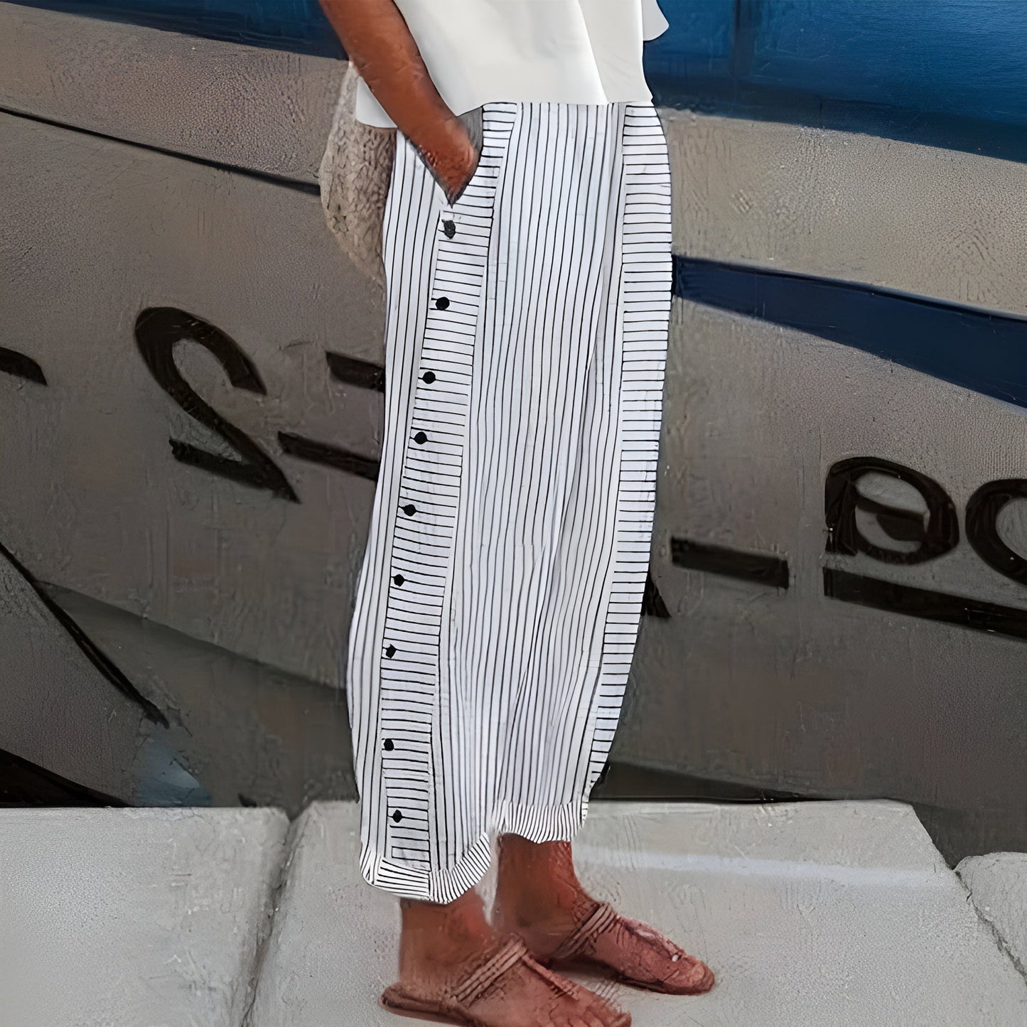 Women's striped linen blend pants relaxed straight ankle-length cut breathable summer travel style