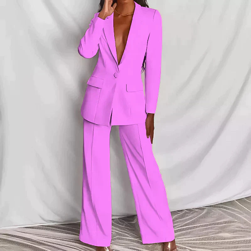 Women's black tailored blazer and wide-leg pants two-piece set for office-to-evening wear