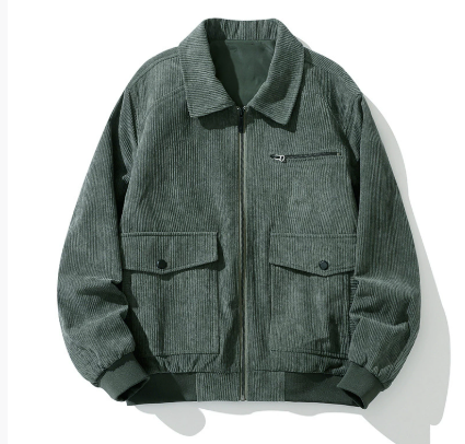 Men's brown corduroy full-zip jacket retro style with front pockets and two-way zipper