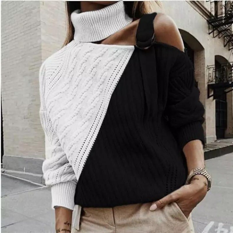Women's short turtleneck sweater with stand-up collar and chic button detail, versatile knit top