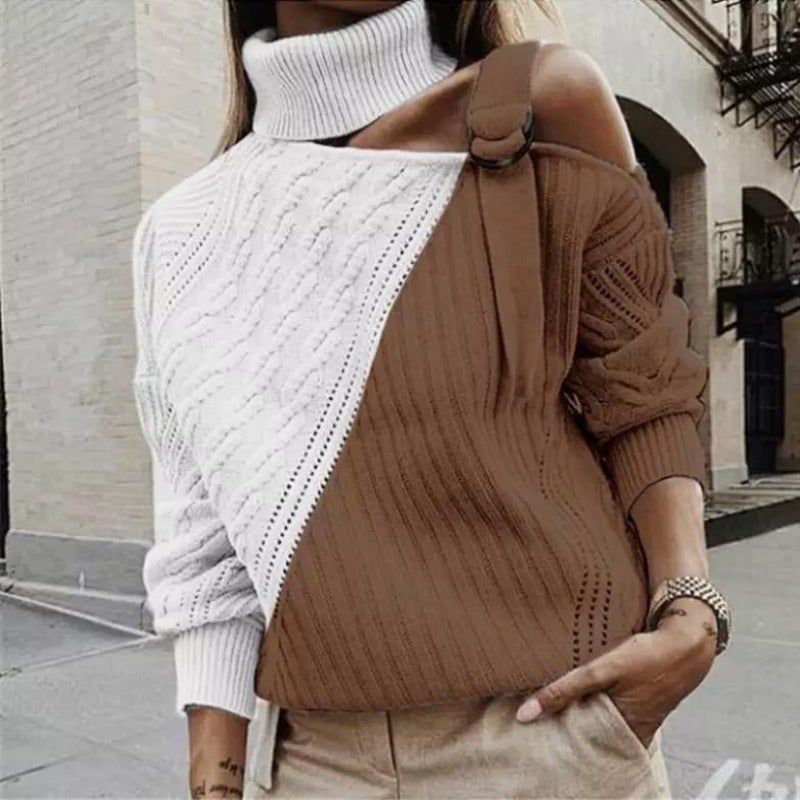 Women's short turtleneck sweater with stand-up collar and chic button detail, cotton-poly knit