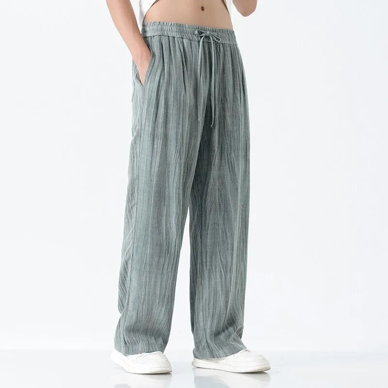 Unisex crinkled linen pants relaxed straight fit elastic drawstring waist lightweight summer trousers