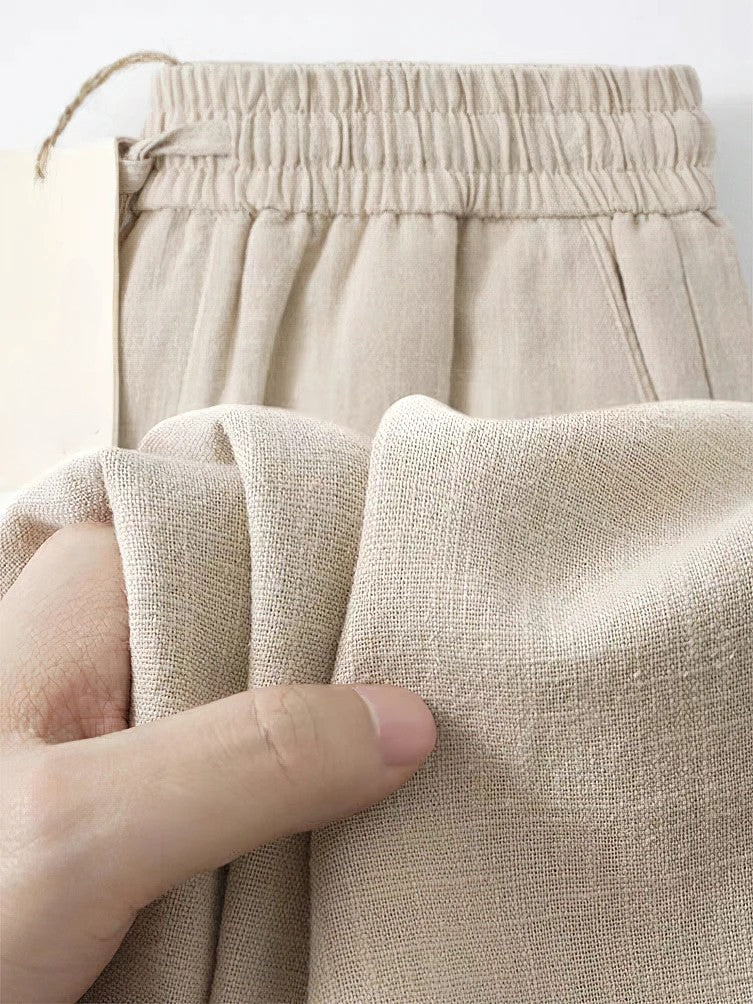 Women's cropped linen pants loose relaxed fit elastic waist pleated details breathable lightweight