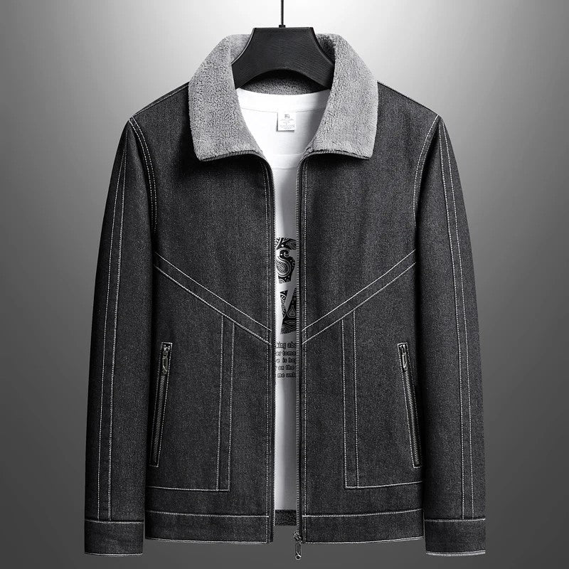 Unisex slim-fit fleece-lined denim jacket with thick collar and embroidered double stem stitch detailing