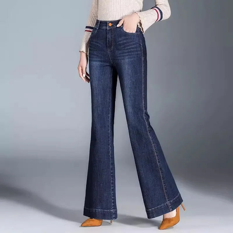 Women's blue flared denim jeans high-waist cinched fit stretch comfort bootcut silhouette