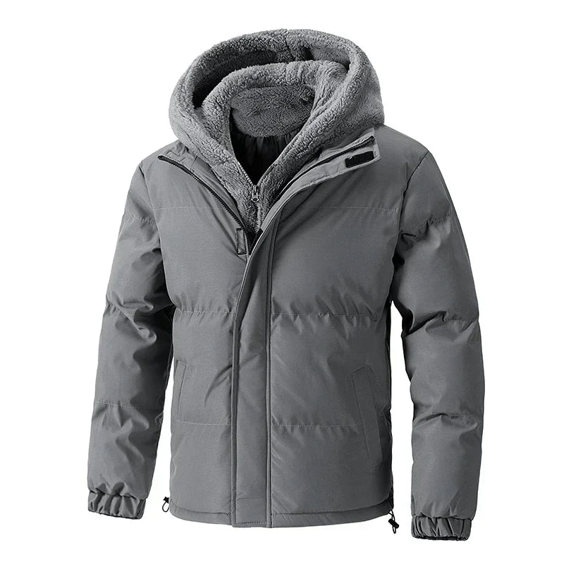 Quilted insulated hoodie jacket with sherpa-lined hood, lightweight puffer design for outdoor cold weather