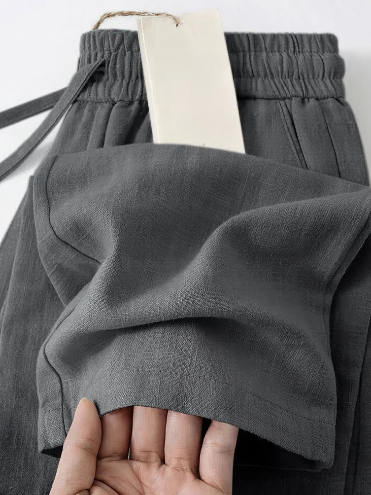 Women's cropped linen pants loose fit elastic waist pleated details lightweight breathable comfort