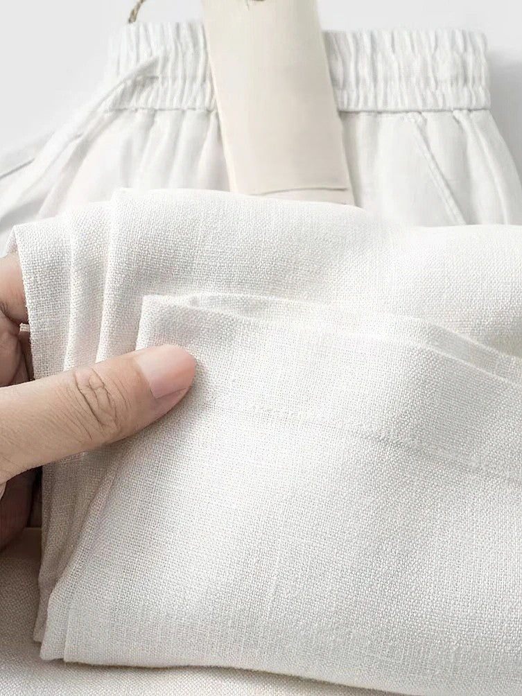 Women's cropped linen pants loose relaxed fit elastic waist pleated details lightweight breathable