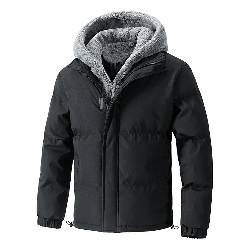 Navy quilted insulated hoodie jacket with plush sherpa-lined hood for outdoor cold-weather adventures