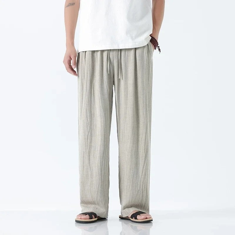 Unisex crinkled linen pants relaxed straight fit elastic drawstring lightweight summer trousers