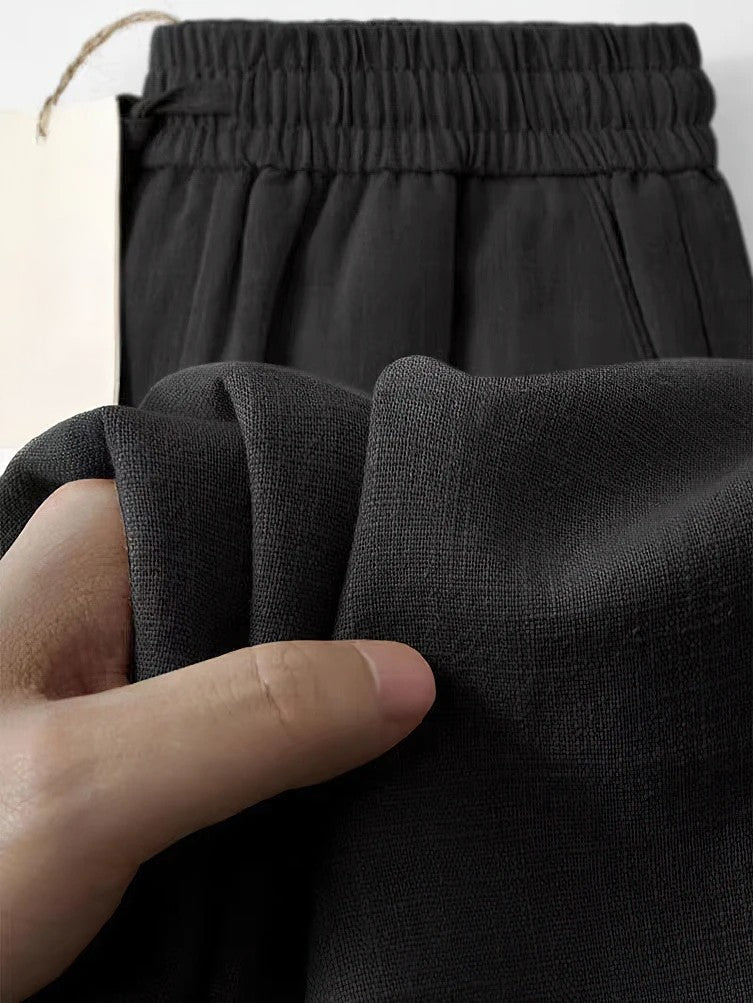 Women's cropped linen pants loose relaxed fit elastic waist pleated details lightweight breathable