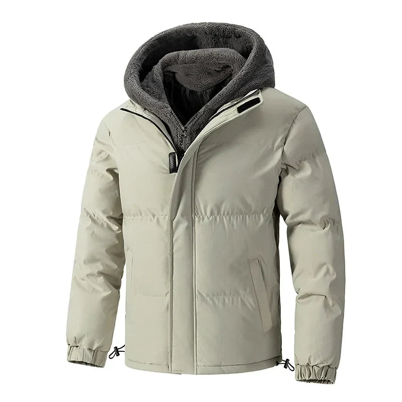 Quilted insulated hoodie jacket with sherpa-lined hood, lightweight puffer style for outdoor cold weather