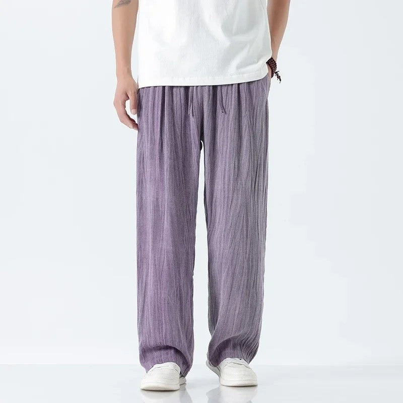Unisex crinkled linen pants relaxed straight fit elastic drawstring lightweight summer trousers
