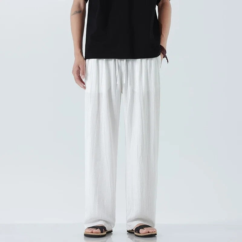 Unisex linen pants lightweight crinkled relaxed straight fit elastic drawstring summer trousers