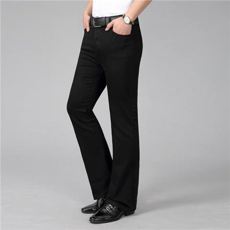 Men's dark wash stretch denim jeans regular fit micro-flared leg smart casual everyday comfort