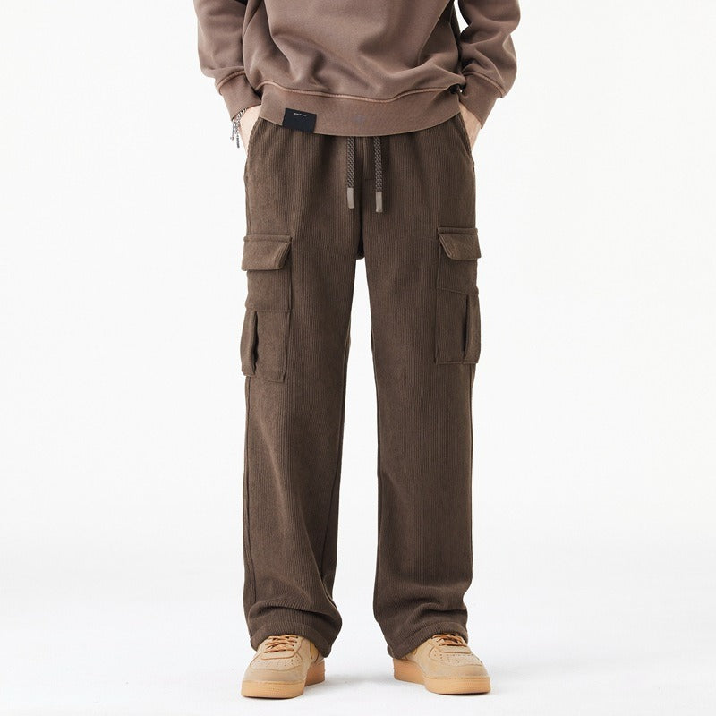 Men's ribbed cargo pants elastic drawstring waist relaxed wide-leg urban casual style