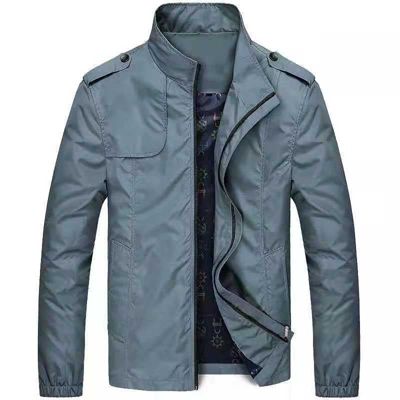 Men's slim fit woven blend jacket with stand collar, dual zippers, modern casual style