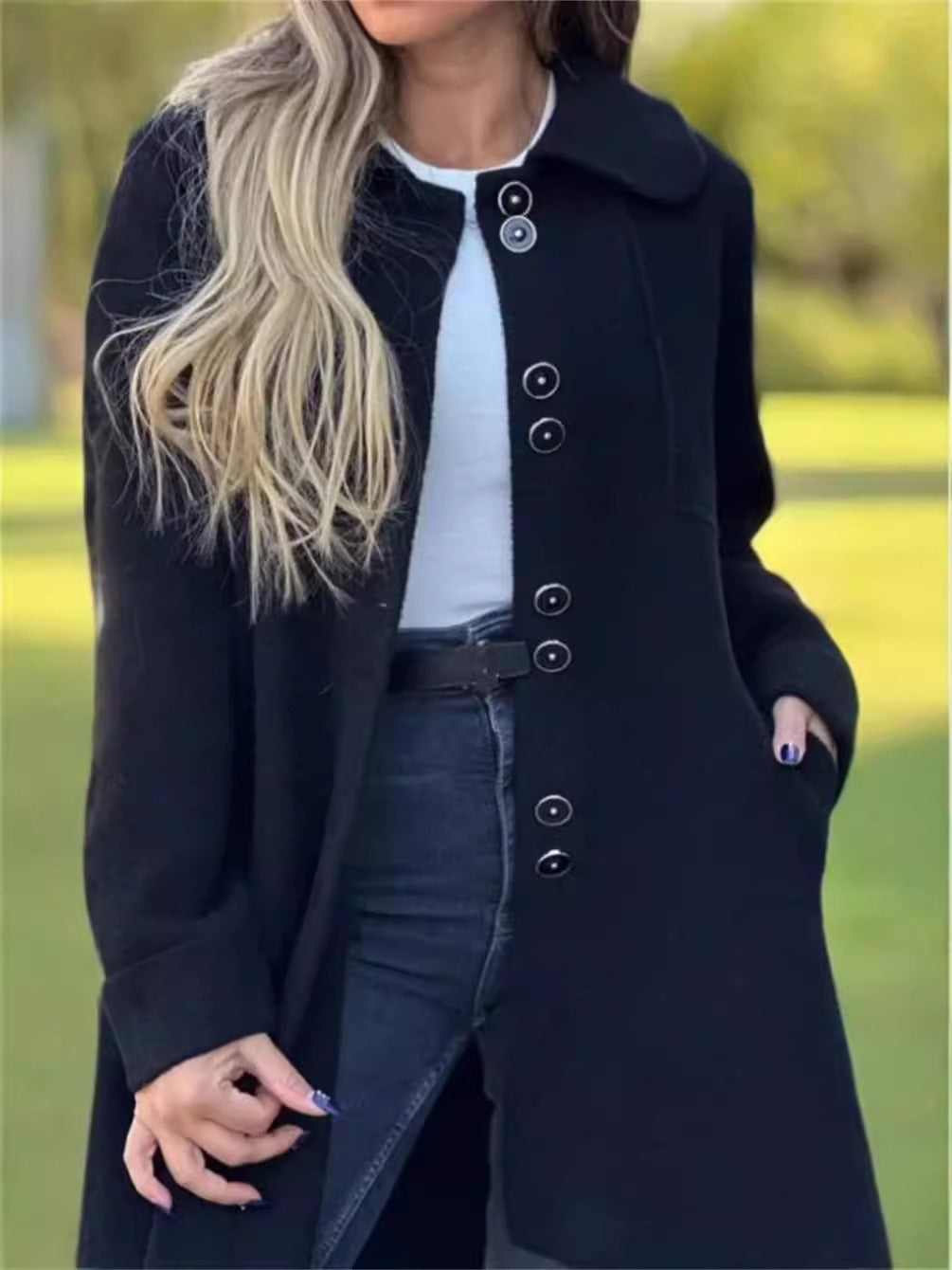 Women's wool blend knee-length coat relaxed fit rounded lapel collar smart-casual elegant layer