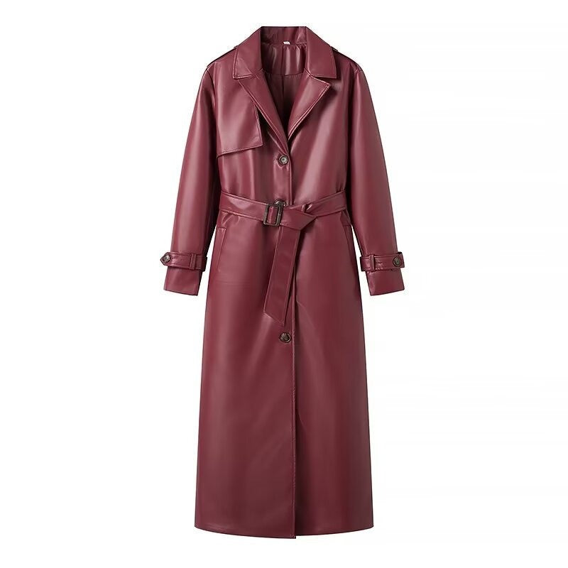 Women's black faux leather maxi trench coat with notched lapel, relaxed silhouette for modern style