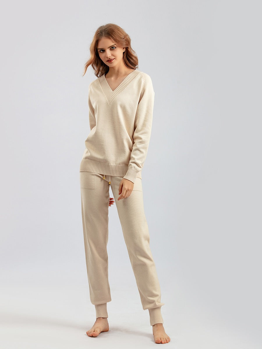Women's fine knit two-piece set V-neck relaxed fit coordinated top and bottom elegant modern style