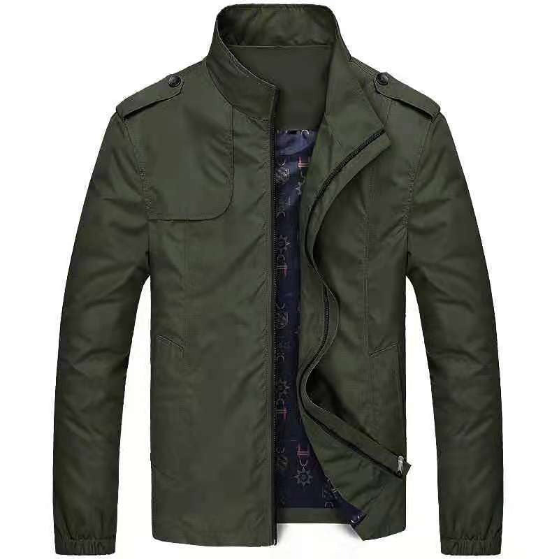 Men's slim fit woven blend jacket with stand collar, dual zippers, modern casual style