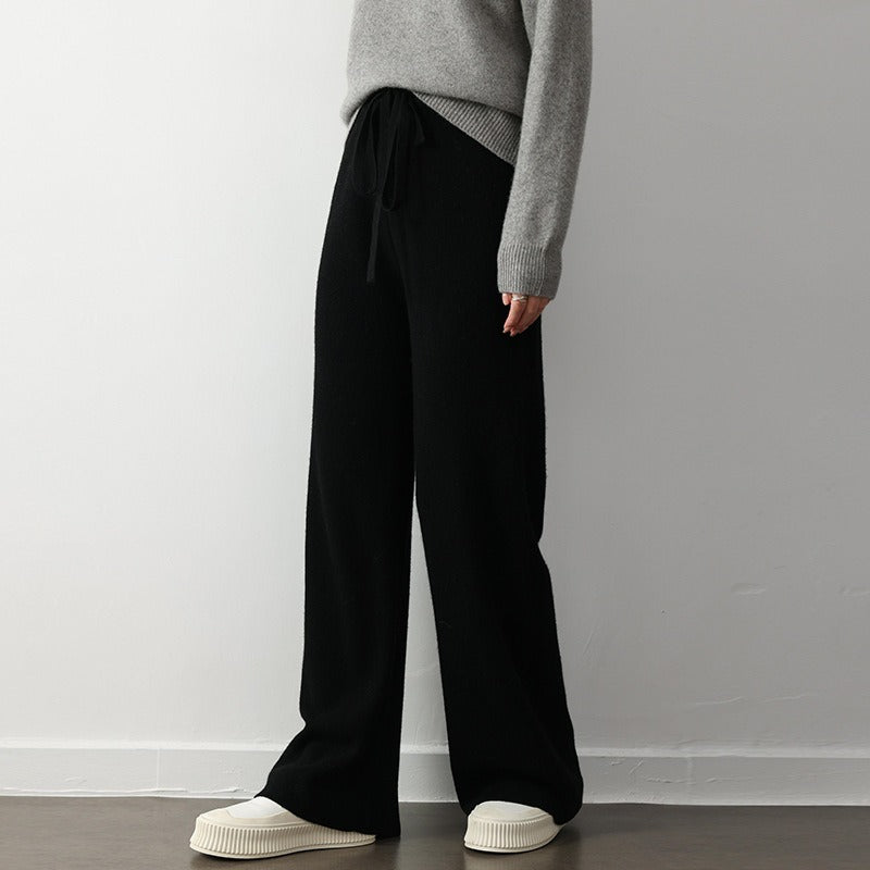 Women's wide-leg knit pants relaxed fit ribbed texture elastic drawstring waist all-day comfort