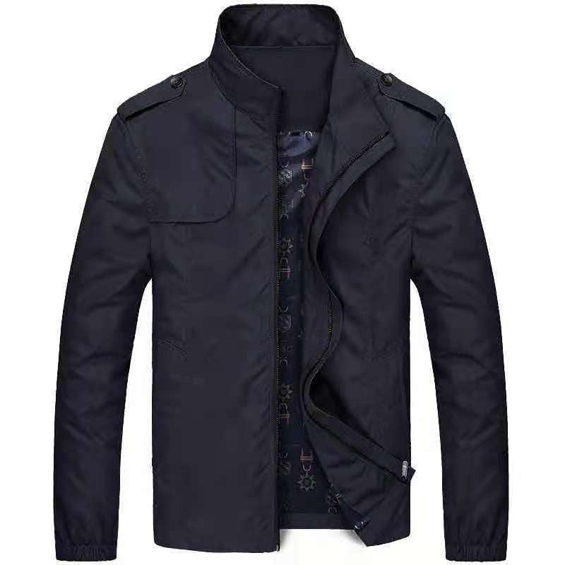 Men's slim fit woven blend jacket with stand collar, dual zippers, modern casual style