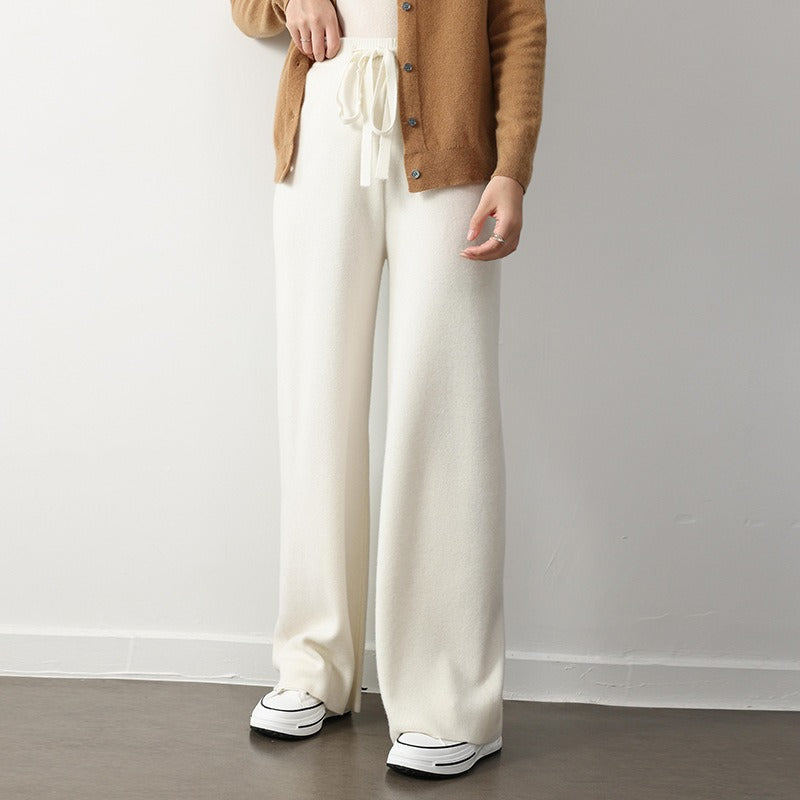 Women's wide-leg relaxed fit knit pants in ribbed texture with elastic drawstring waist for all-day comfort
