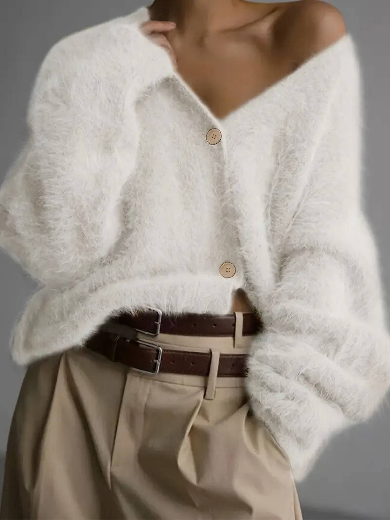 Women's fuzzy cropped cardigan soft mink fabric V-neck button-front cozy chic layering sweater