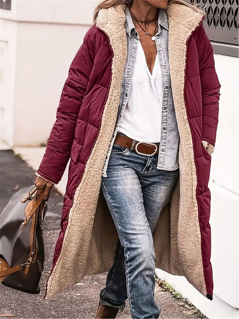 Women's long quilted coat with hood, fleece-lined insulated winter outerwear in classic style