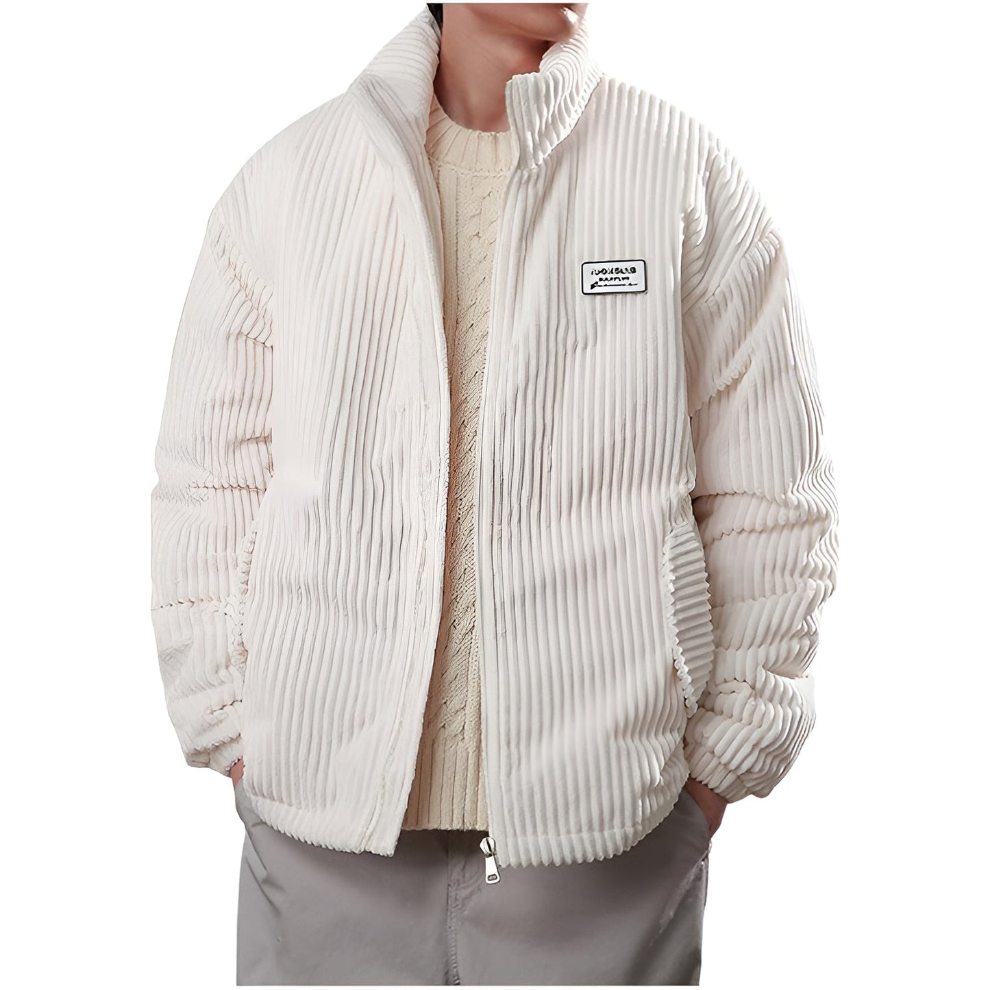 Men's brown corduroy puffer jacket warm insulated coat with plush polyester fill daily wear