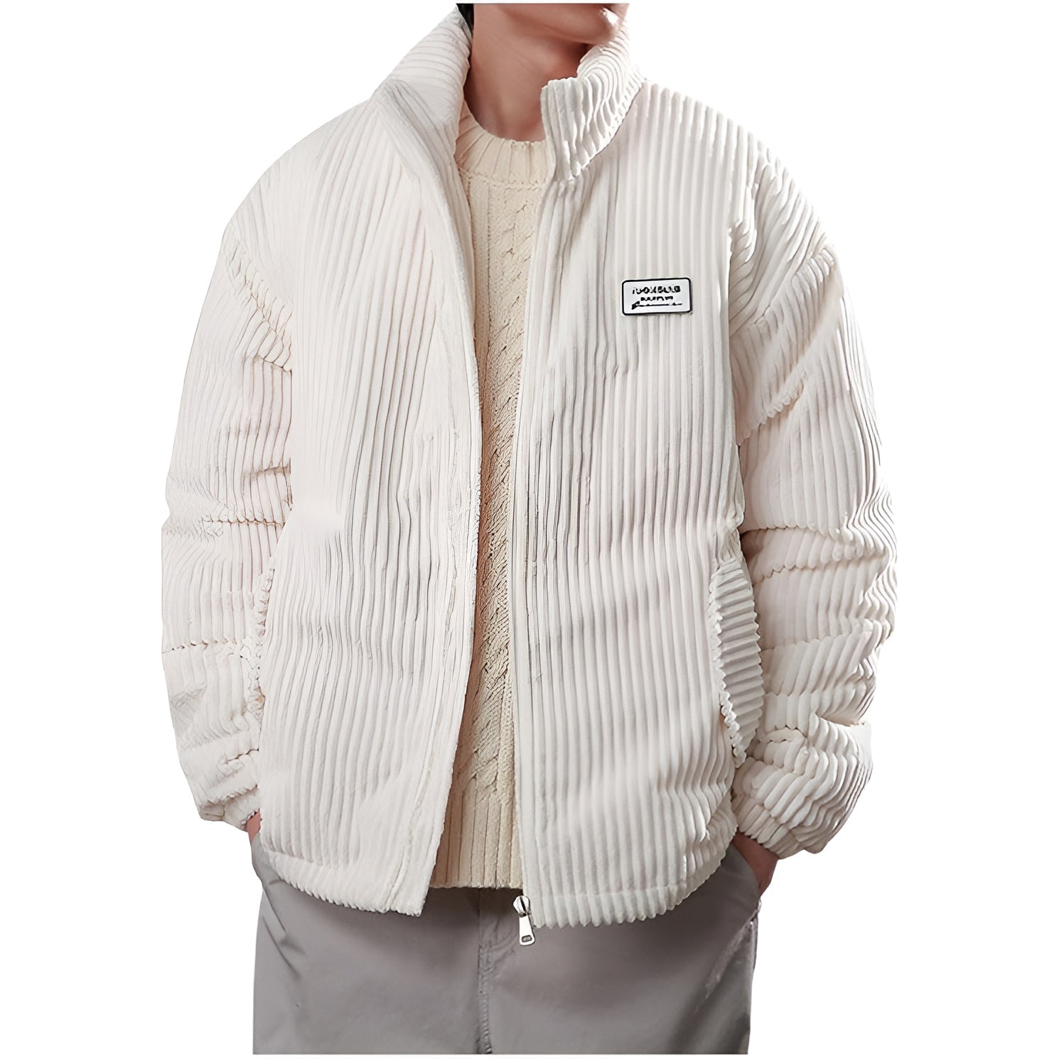 Men's brown corduroy puffer jacket warm insulated coat with plush polyester fill daily wear