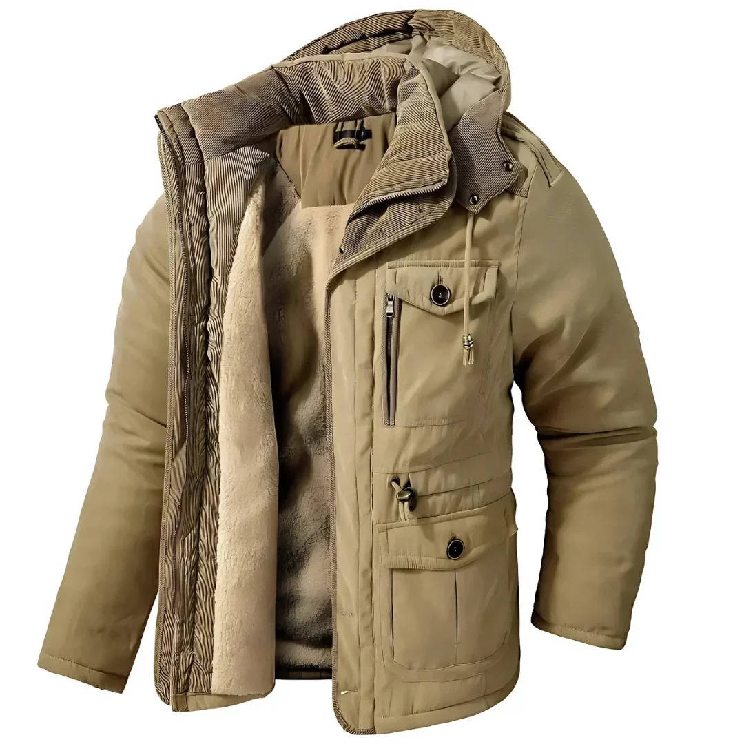 Men's insulated winter parka jacket with hood, windproof polyester-cotton blend for cold weather outdoors