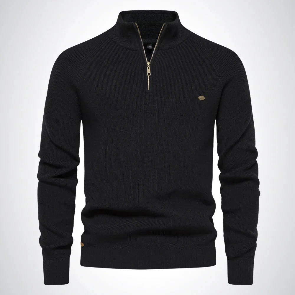 Men's navy quarter zip sweater cotton-poly blend slim fit knit perfect for office and casual wear