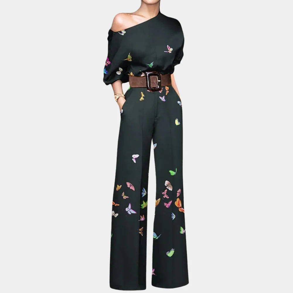 Women's black off-shoulder formal jumpsuit elegant one-piece eventwear with sleek silhouette