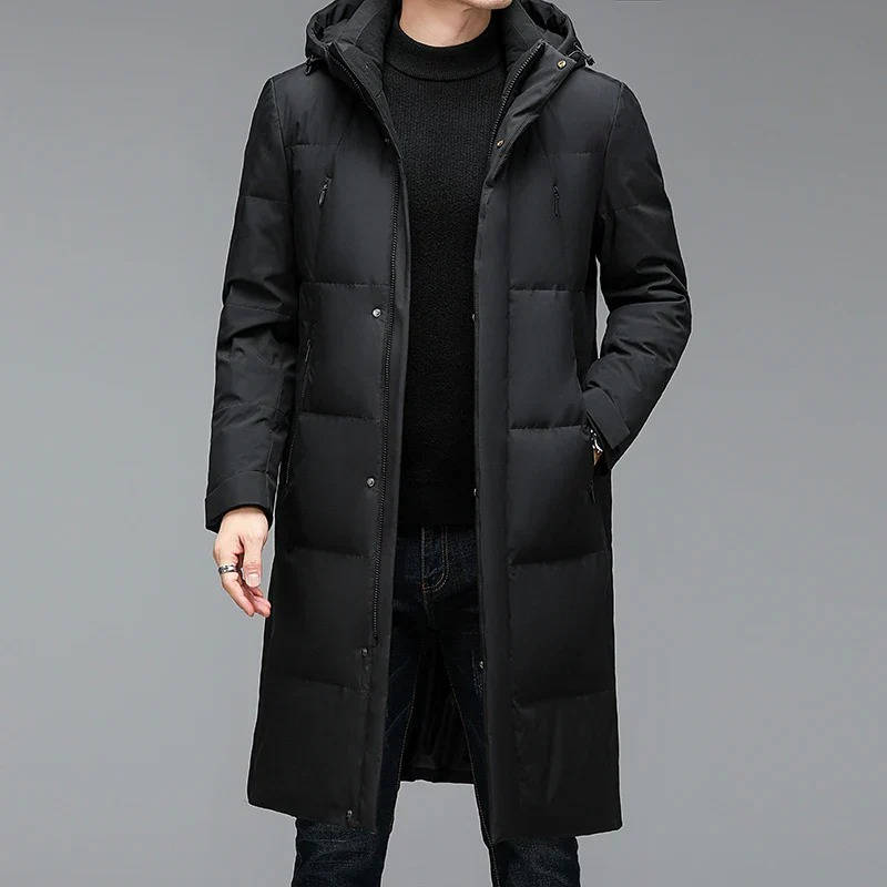 Men's black longline puffer jacket with hood, insulated slim-fit winter coat with extended coverage