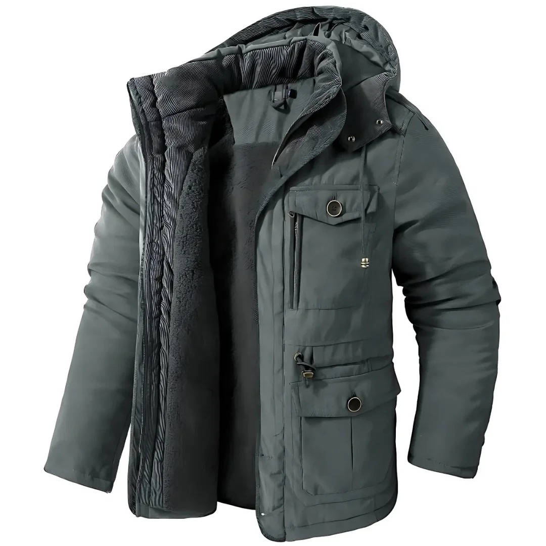Men's insulated winter parka jacket with hood, windproof polyester-cotton blend for cold weather outdoors